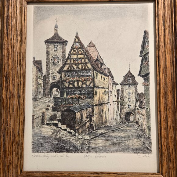 Framed Rothenburg ob der Tauber Etching Print – Hand-Colored Etching signed - Picture 3 of 10